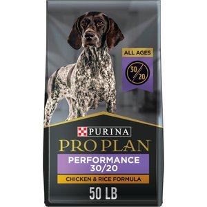 Purina Pro Plan dog food bag, Performance 30/20, chicken and rice formula, 50 pounds, all ages.